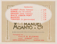 710941 Etiket van de Firma F.H. Klokke, Korte Jansstraat 4 te Utrecht. Met een lijstje van aanbevolen wijnen van Manuel ...